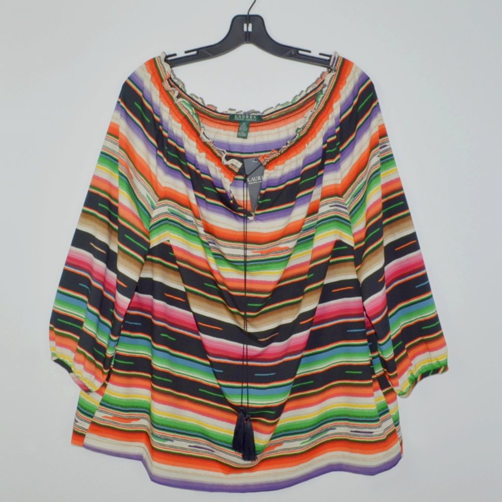 Nwt Ralph Lauren Southwestern Aztec Striped Serape Print Blouse Top with Tassel